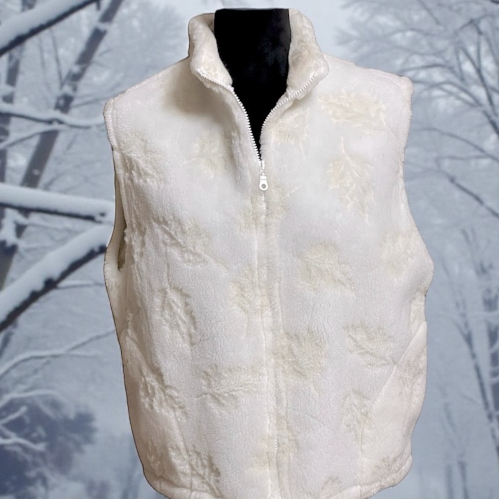 COLDWATER CREEK WHITE LEAF PRINT FAUX FUR ZIP VEST SZ LG EUC